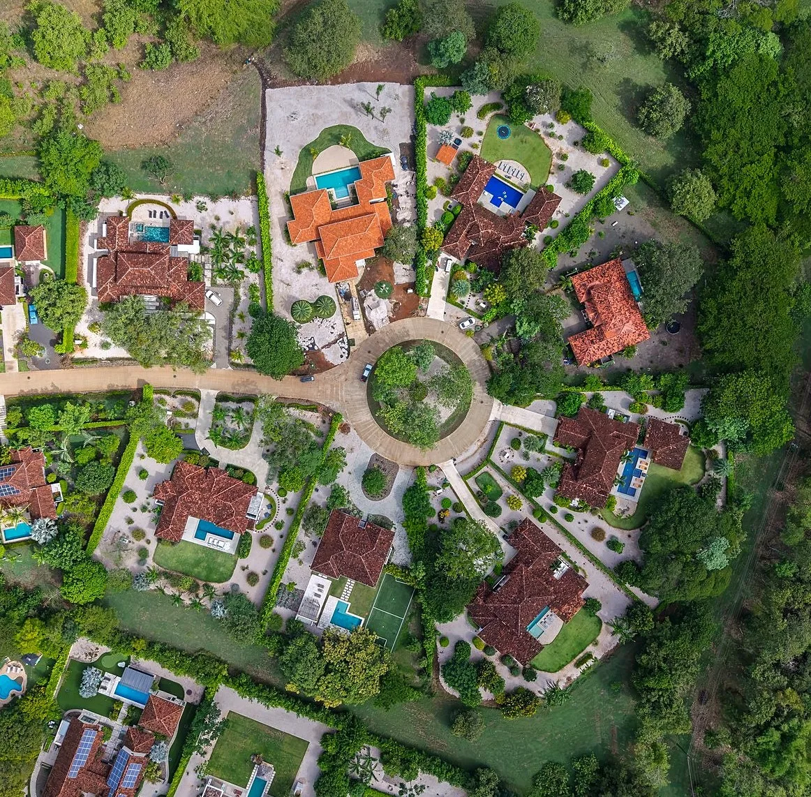 Overhead view of Hacienda Pinilla homes and landscaped roads