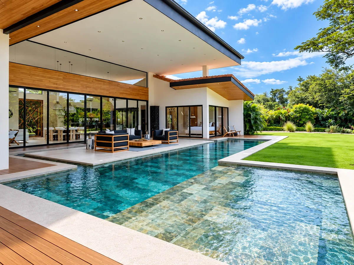 Covered terrace and pool at a Hacienda Pinilla residence